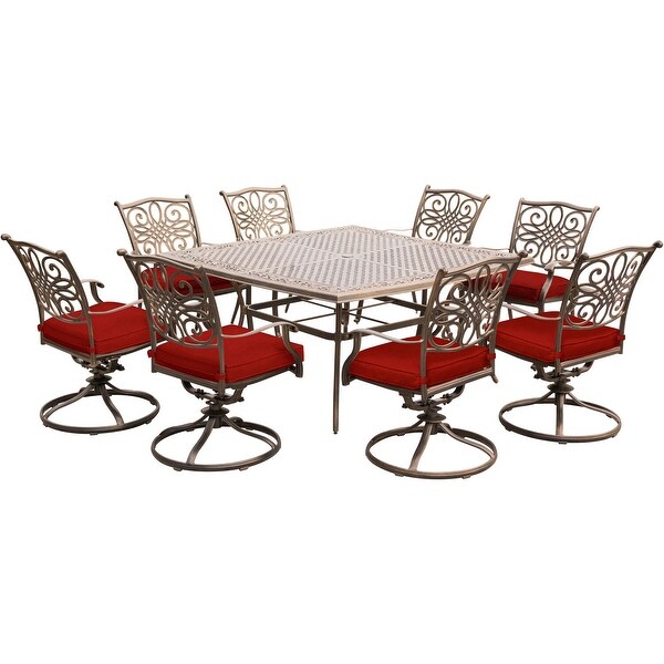 Cambridge Seasons 9Piece Dining Set in Red with Eight Swivel Rockers and a Large 60In. Casttop Square Table