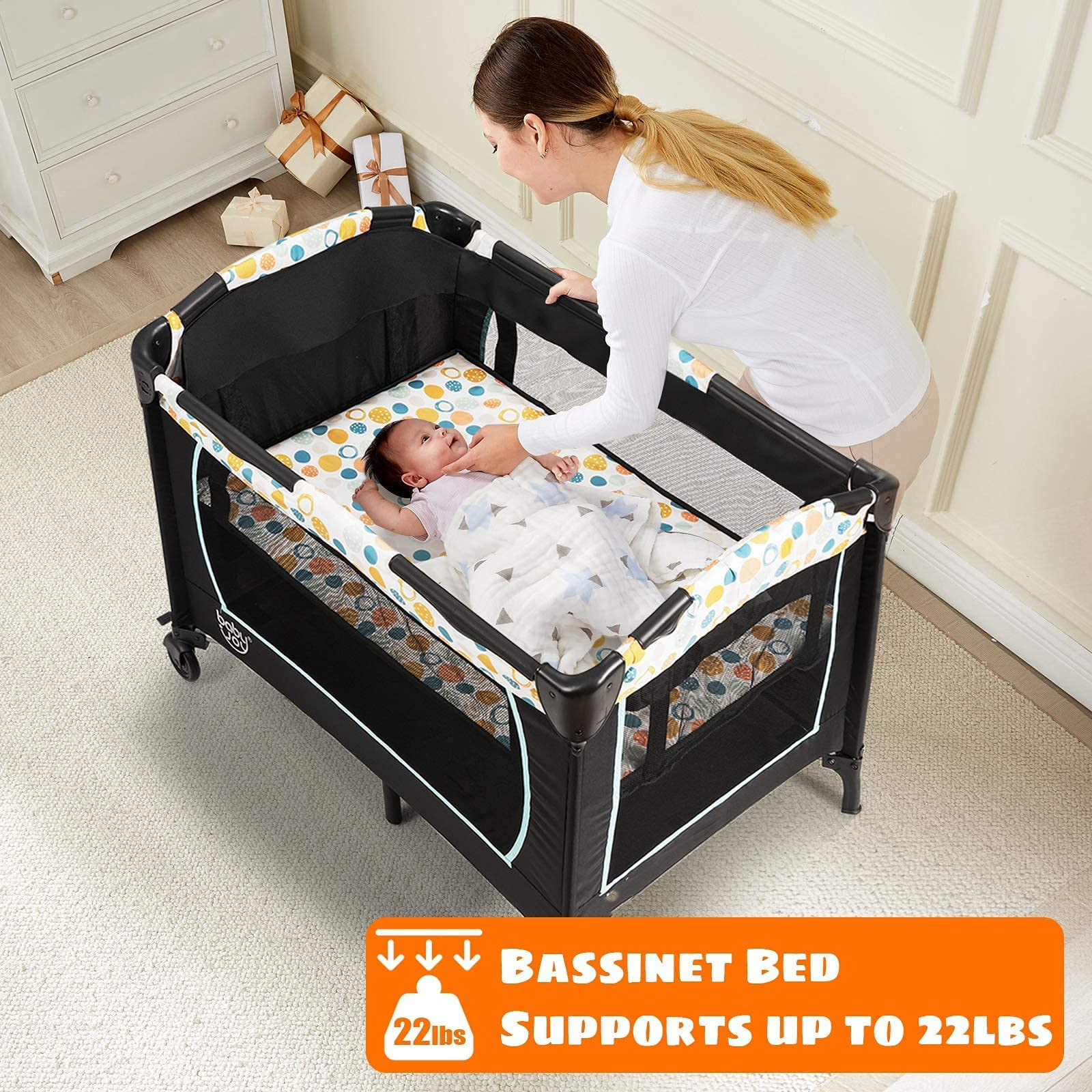 BABY JOY 4 in 1 Pack and Play, Portable Playard with Bassinet, Changing Table