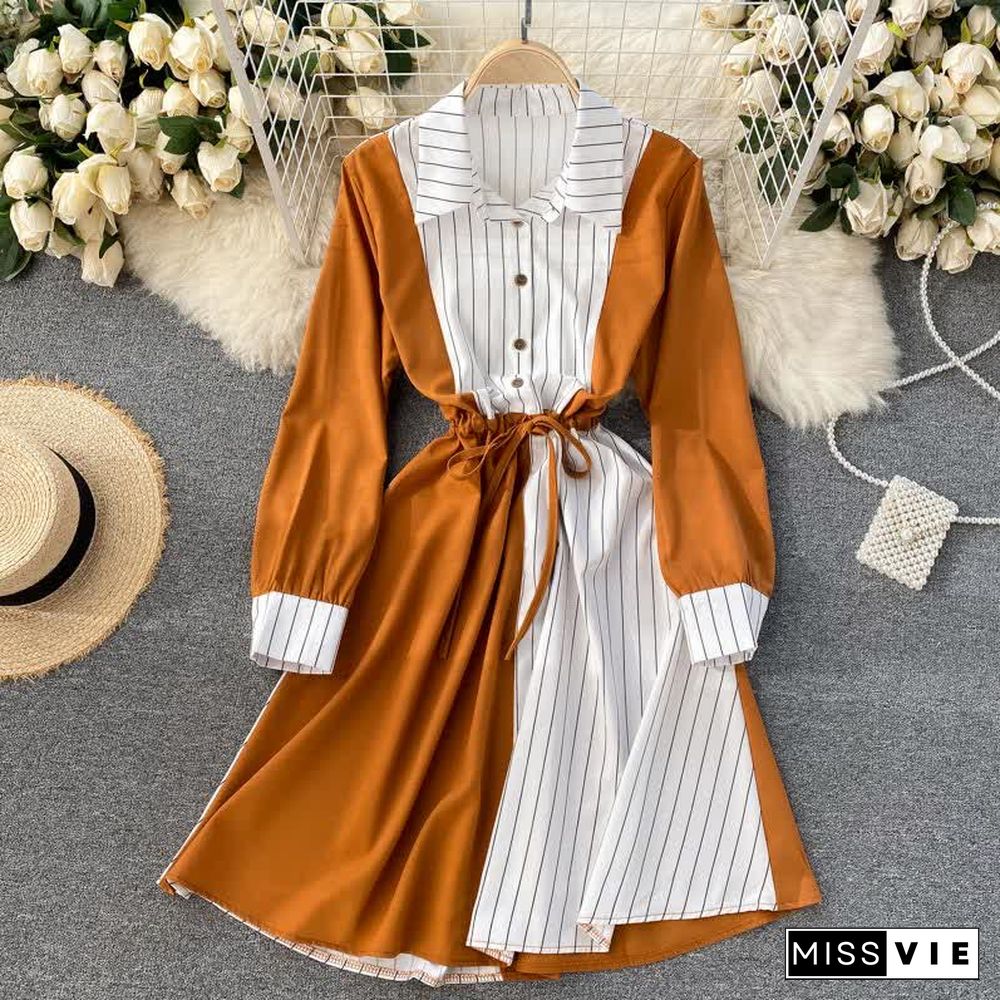 Colorblock Stripe Print Drawstring Long Sleeve Lapel Shirt Dress