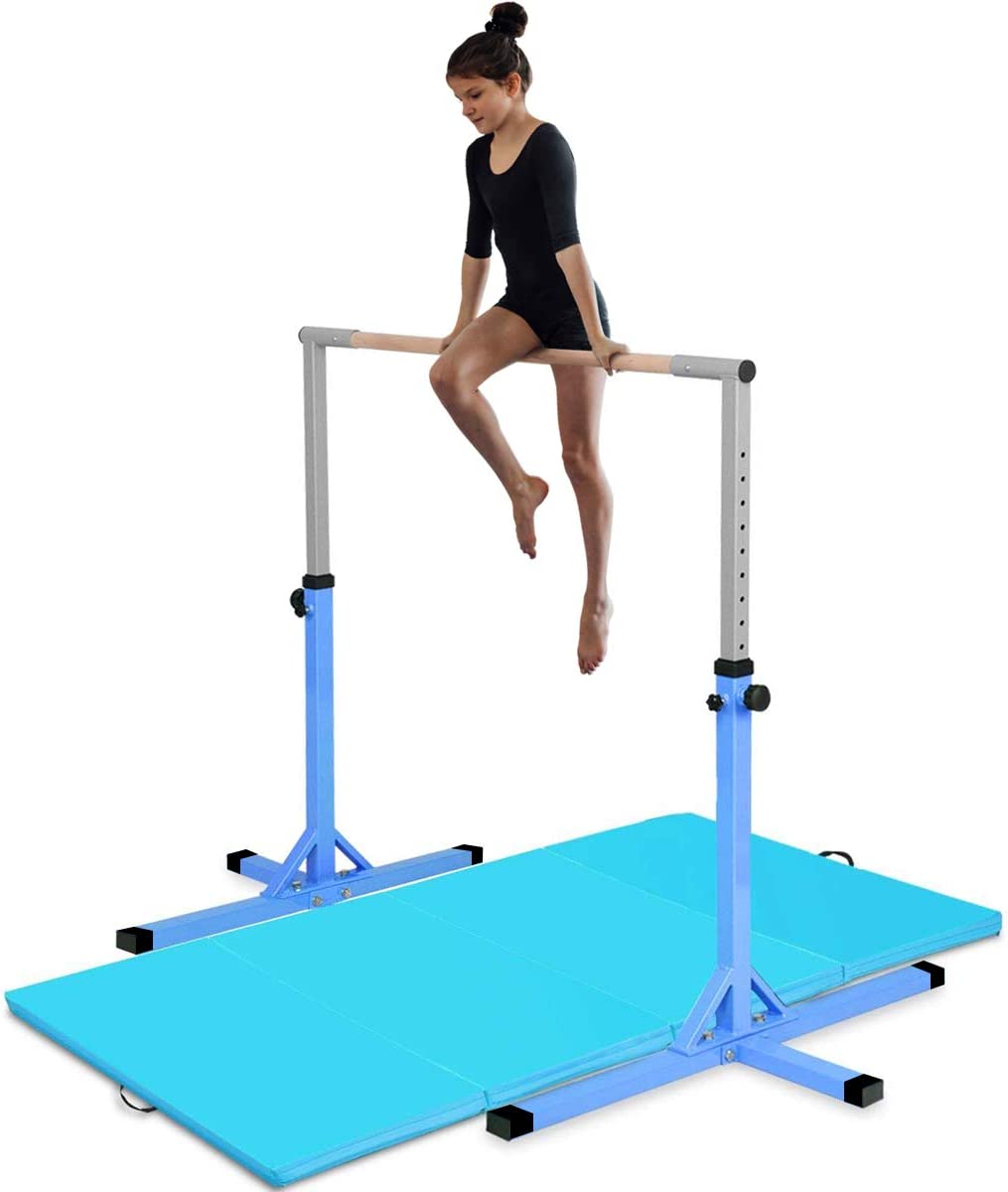 Costzon Junior Training Bar with 4 ft Gymnastics Mat, 3' to 5' Height Adjustable 1-4 Levels Exercise Kip Bar w/Double Locking Mechanism