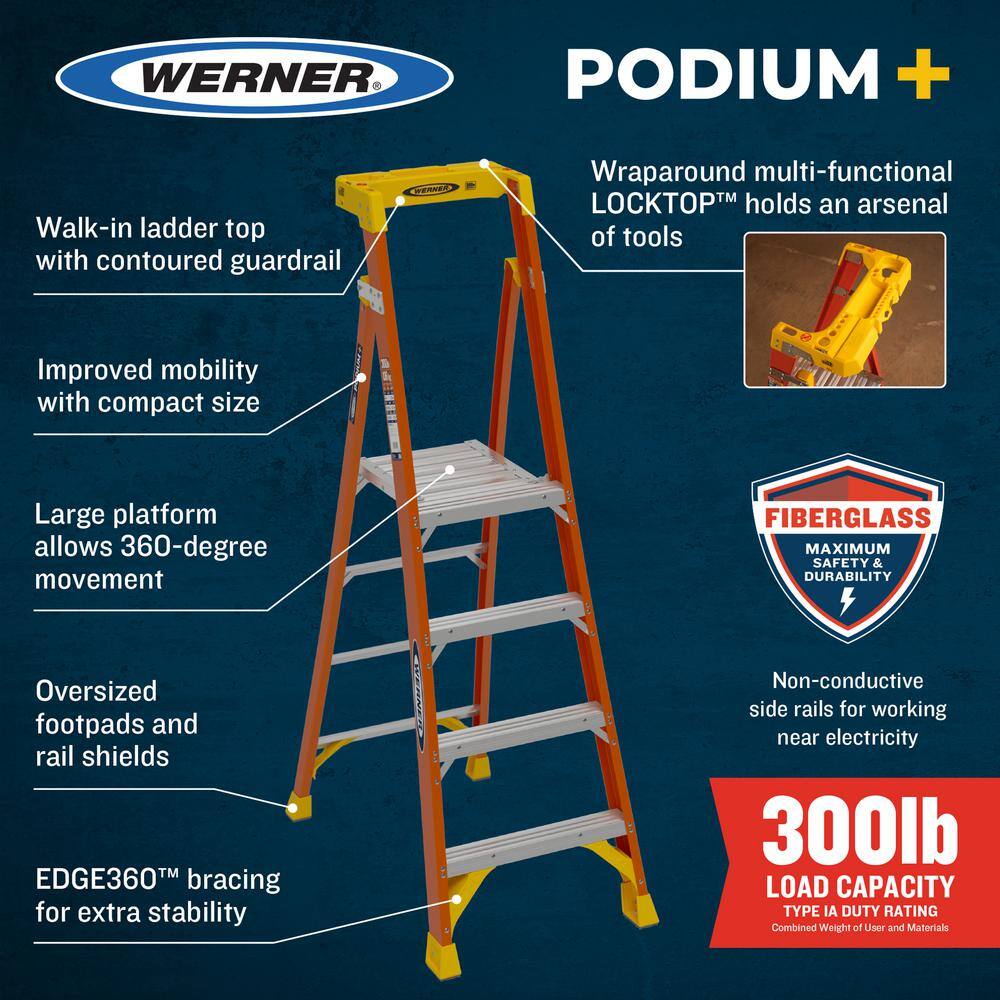 Werner 4 ft. Fiberglass Podium+ Platform Step Ladder (10 ft. Reach Height) with 300 lbs. Load Capacity Type IA Duty Rating PDLIA04