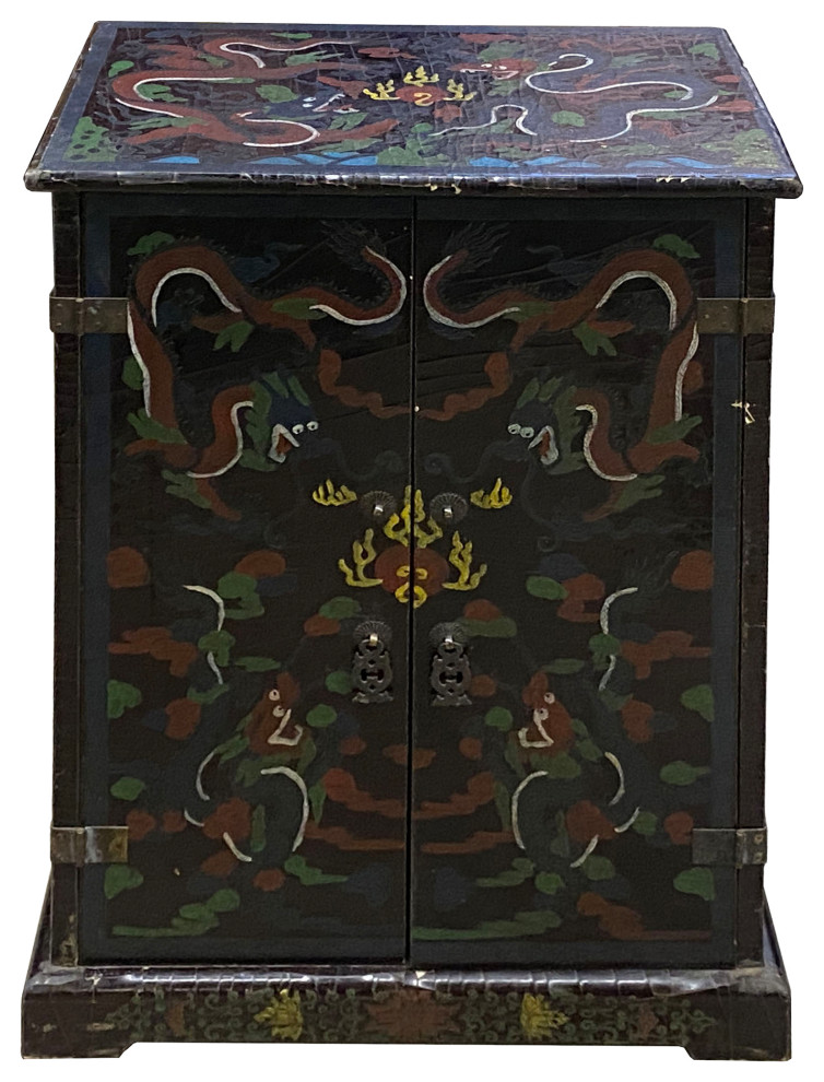 Chinese Distressed Black Color Dragons Graphic Side Table Cabinet Hcs7228   Asian   Side Tables And End Tables   by Golden Lotus Antiques  Houzz