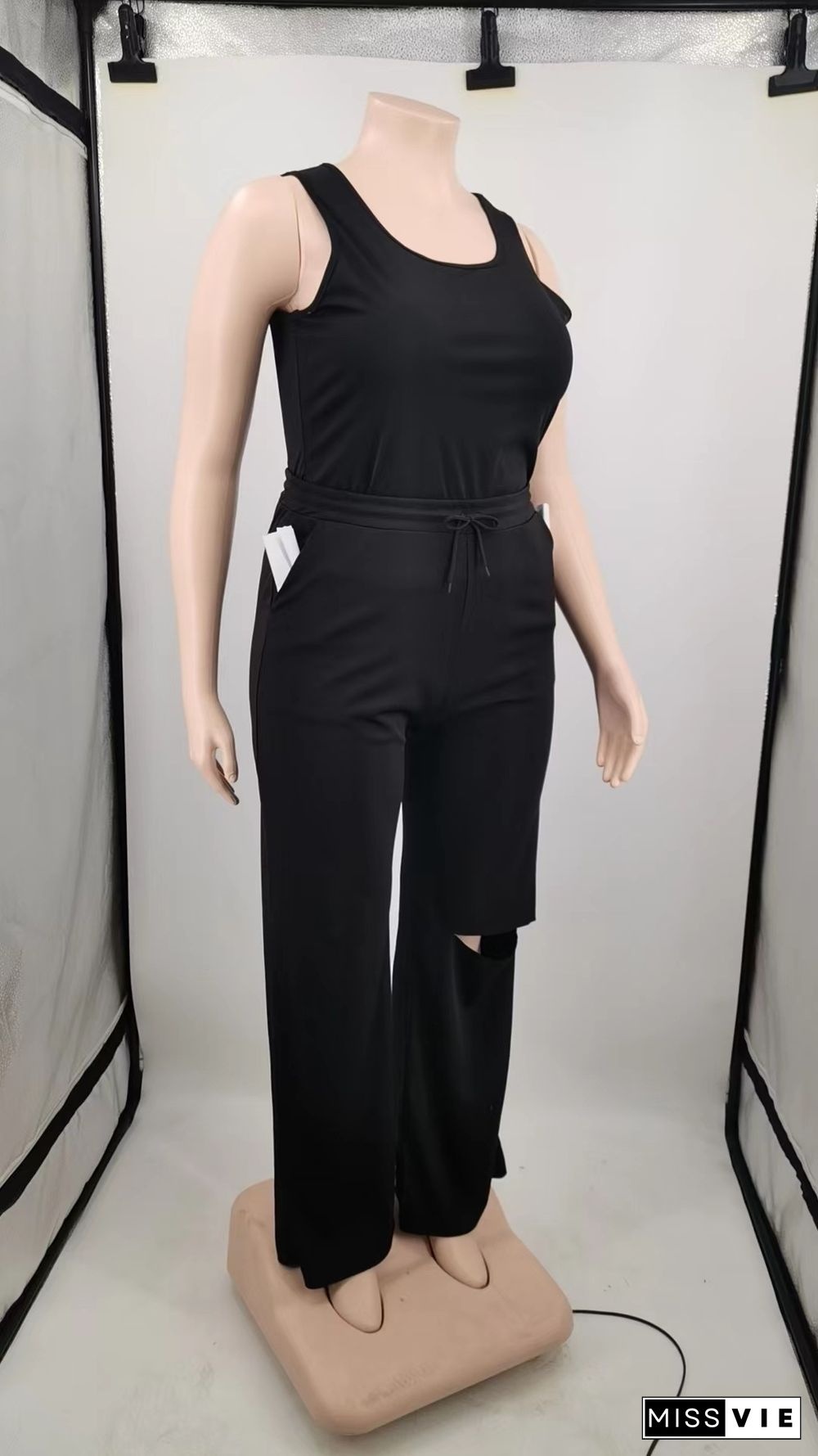 Solid Color Vest Hole Wide Leg Pants Two-piece Set