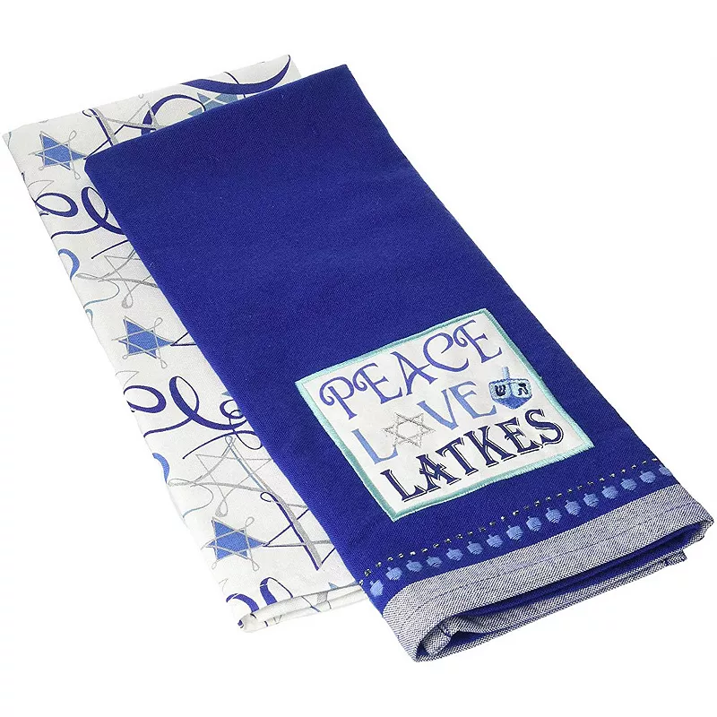 Set of 2 Violet and White PEACE LOVE LATKES Printed Dishtowels 28