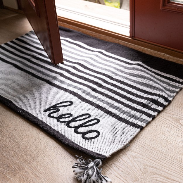 Striped Hand Woven Indoor Outdoor Rug Black