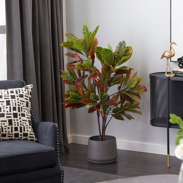 Green Faux Foliage Croton Artificial Plant with Realistic Leaves and Black Plastic Pot