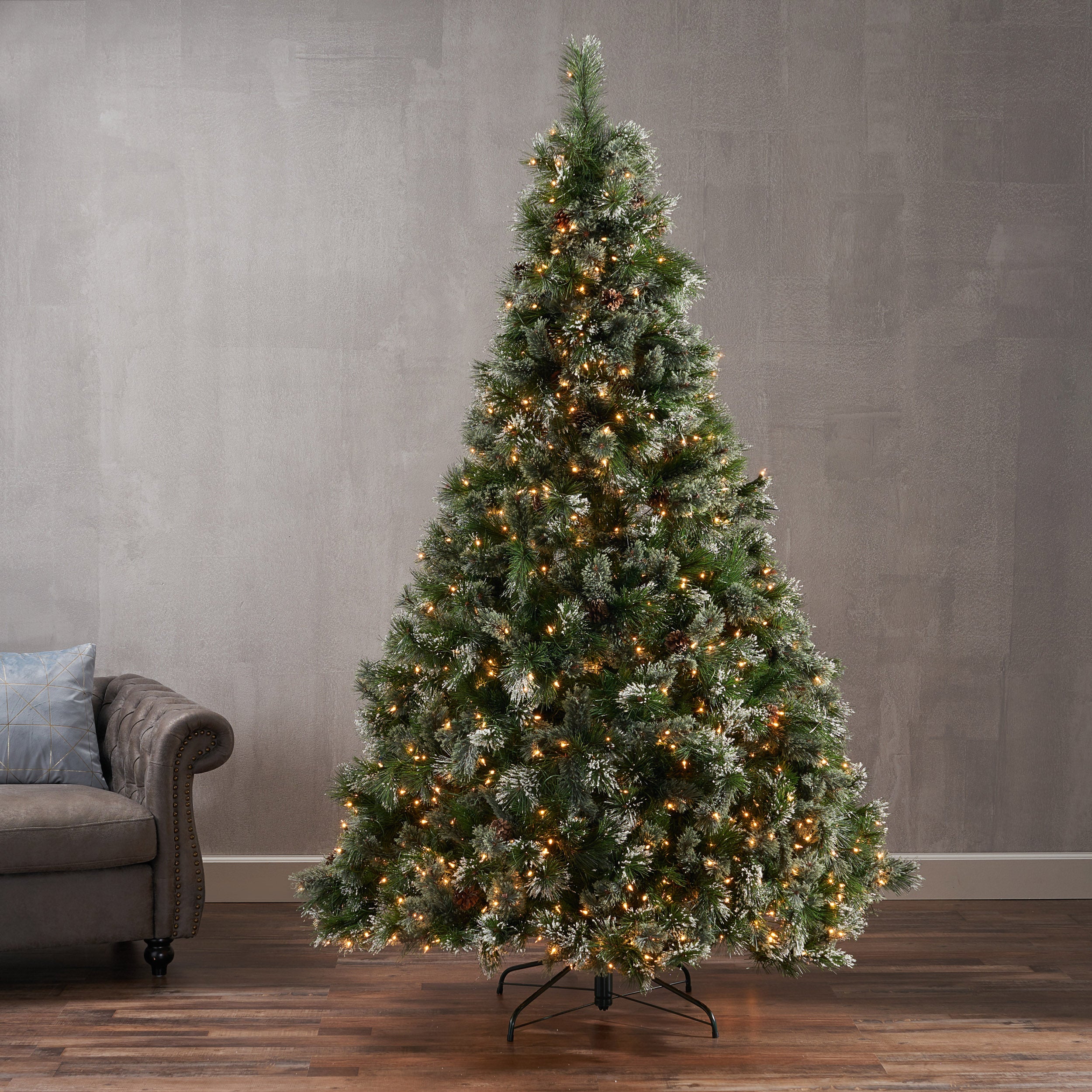 7.5-foot Cashmere Pine and Mixed Needles Hinged Artificial Christmas Tree with Snowy Branches and Pinecones