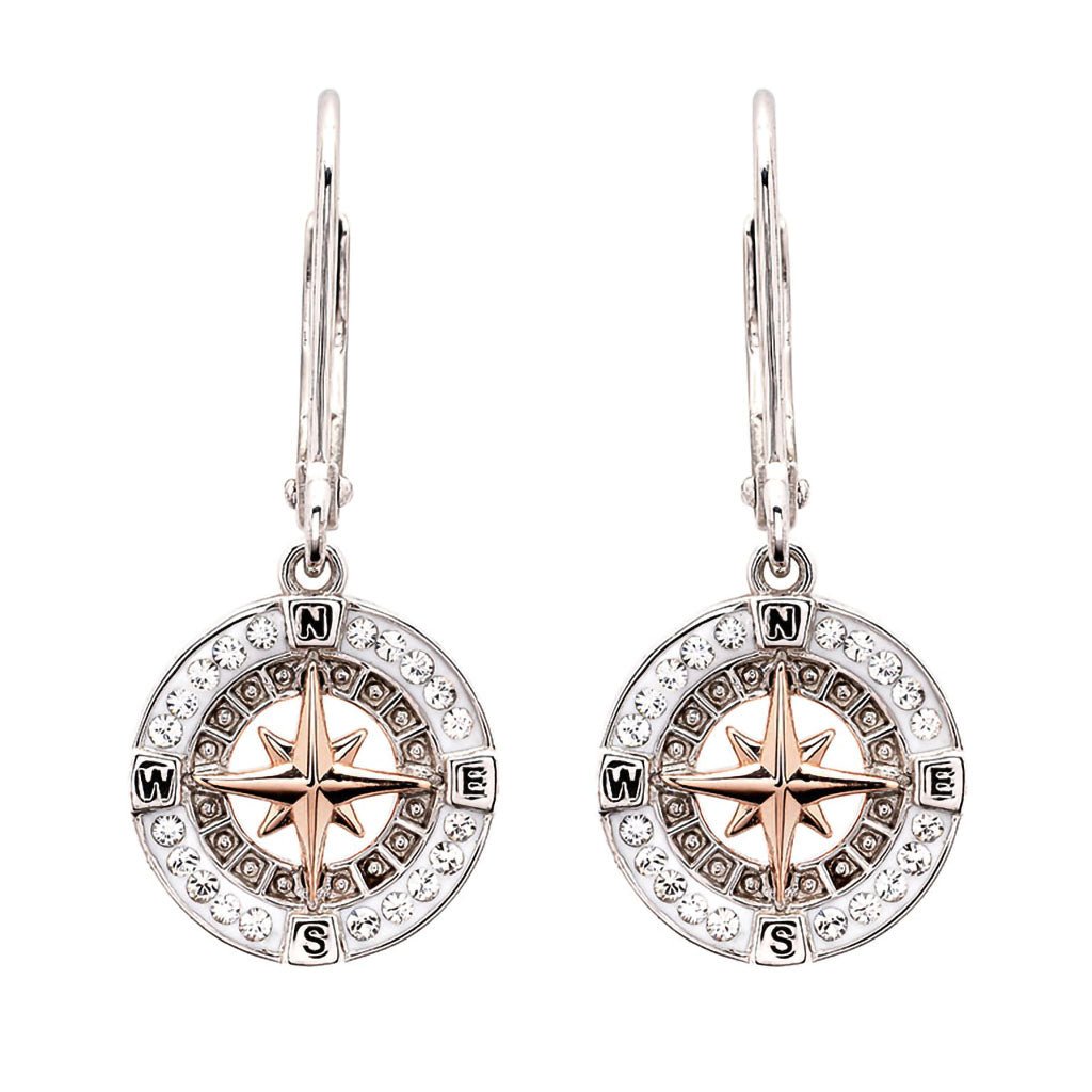 Ocean  Sterling Silver and Rose Gold Compass Earrings With Crystals