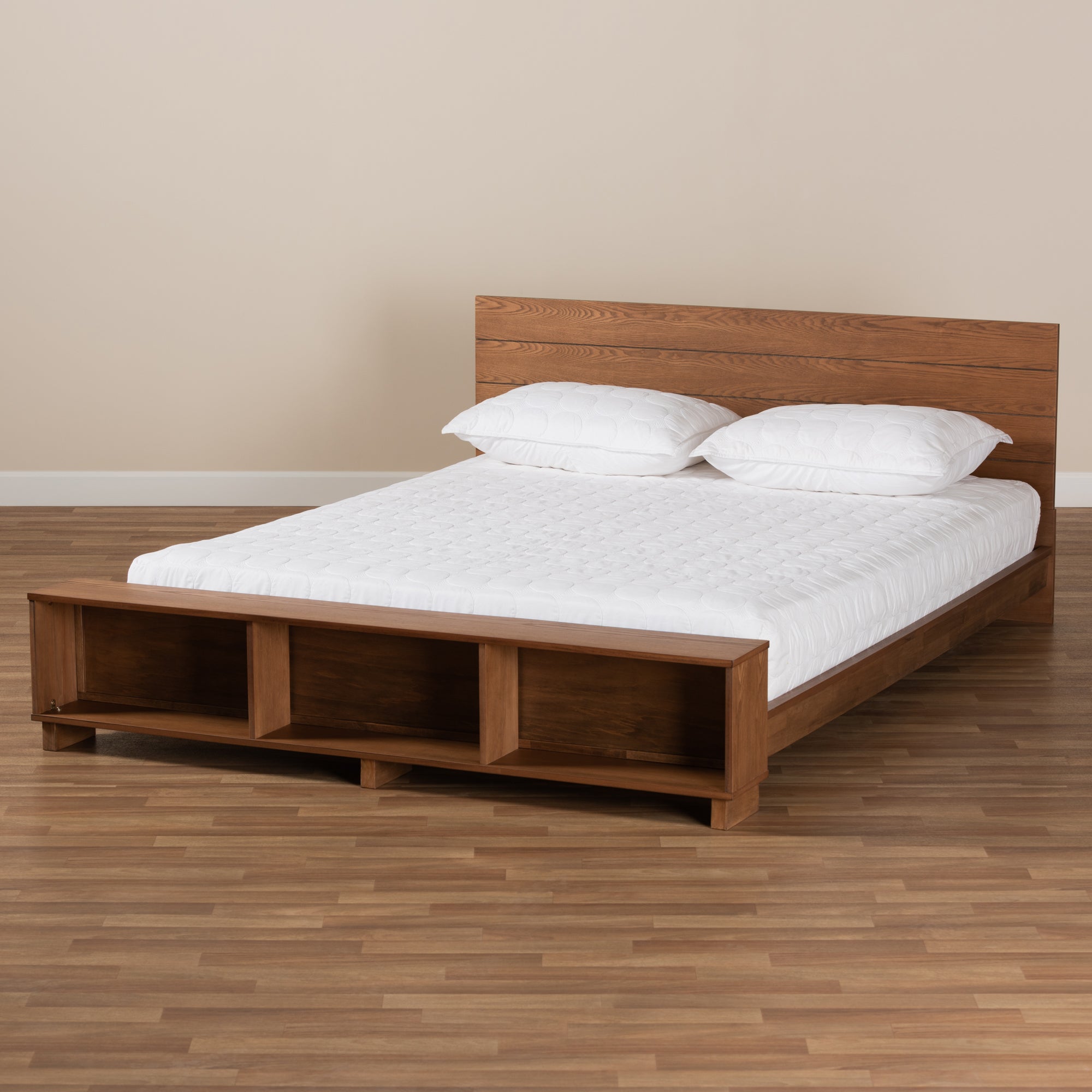 Baxton Studio Regina Modern Rustic Ash Walnut Brown Finished Wood Full Size Platform Storage Bed with Built-In Shelves