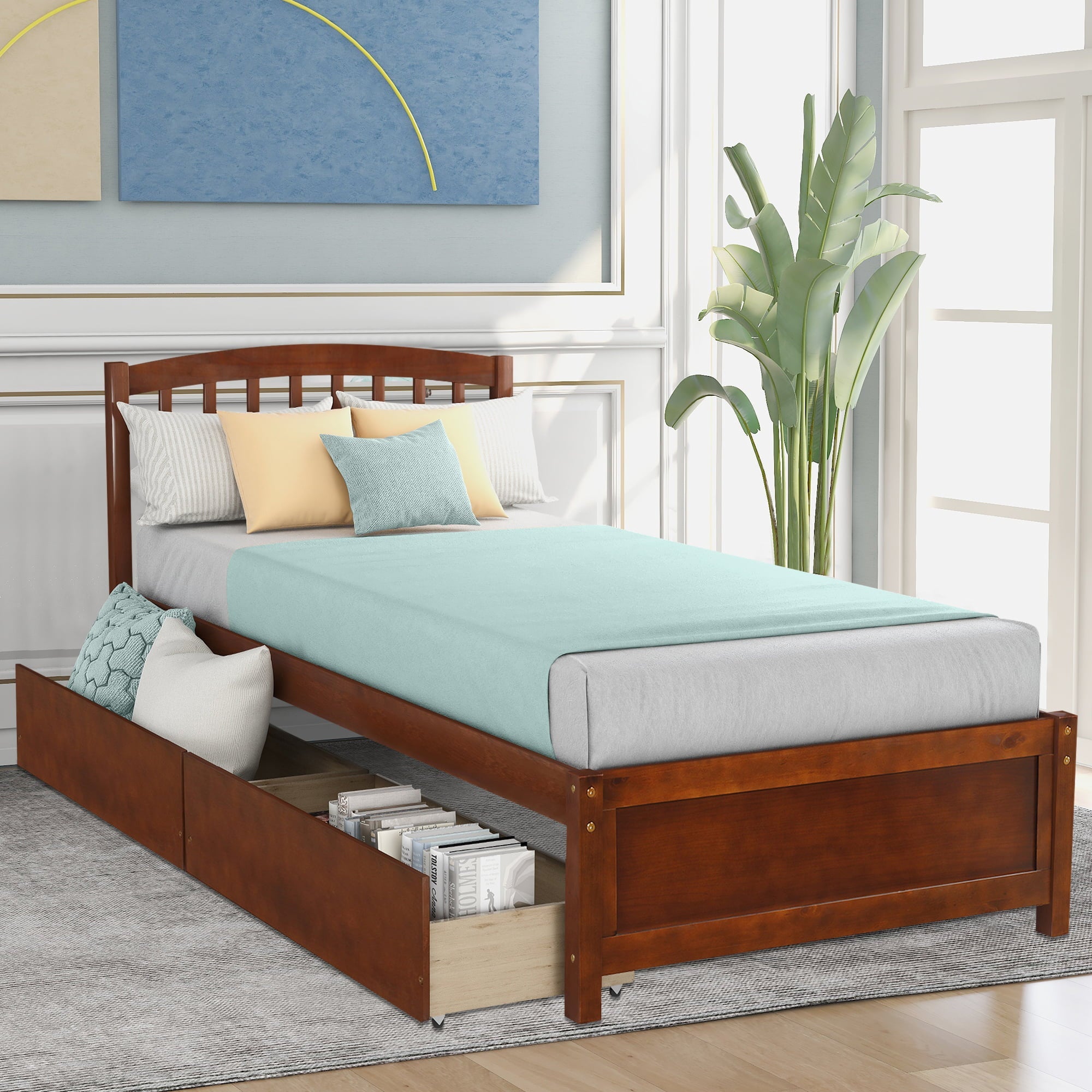 Twin Platform Bed Frame with Storage Drawers, Kids Twin Size Bed Frame No Box Spring Needed, Solid Wood Platform Beds with Headboard and Two Drawers, Modern Single Bed Bedroom Furniture, Walnut, J1169