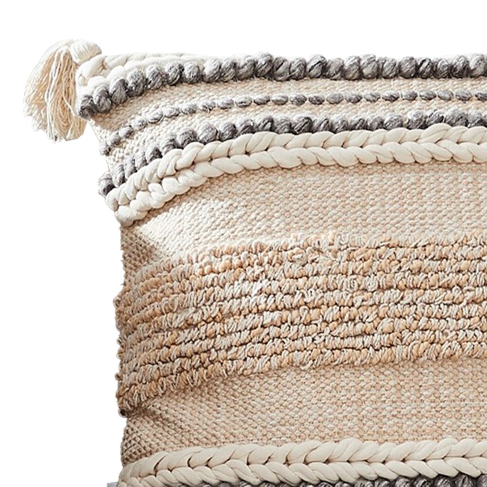 18 Inch Textured Decorative Throw Pillow Cover  Tassels  Beige  Gray Fabric