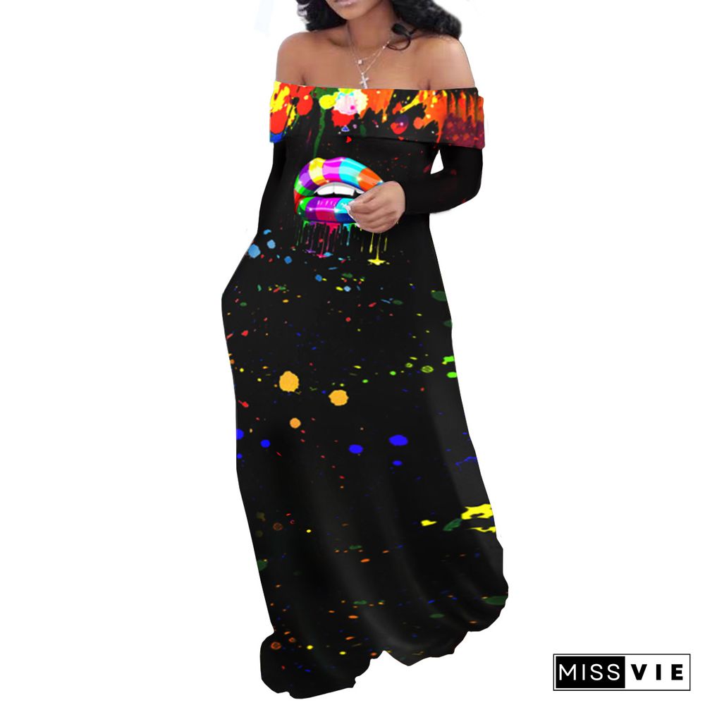 Rainbow Lip Print Off The Shoulder Slash Neck Maxi Dress