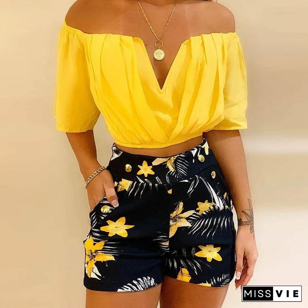 Two-piece Set Of Off-shoulder Ruched Top And Tropical Print Shorts For Women