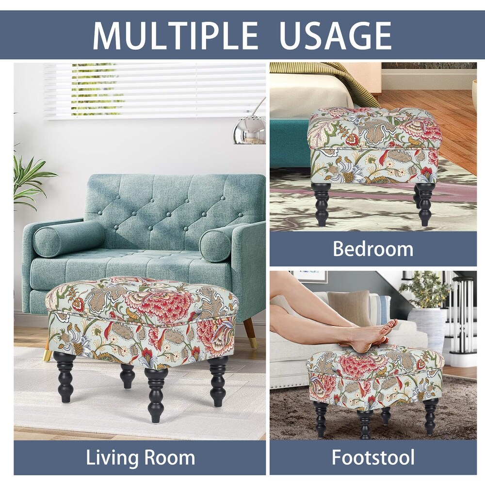 Adeco Ottoman Stool Tufted Foot Rest Fabric Floral Vanity Stool