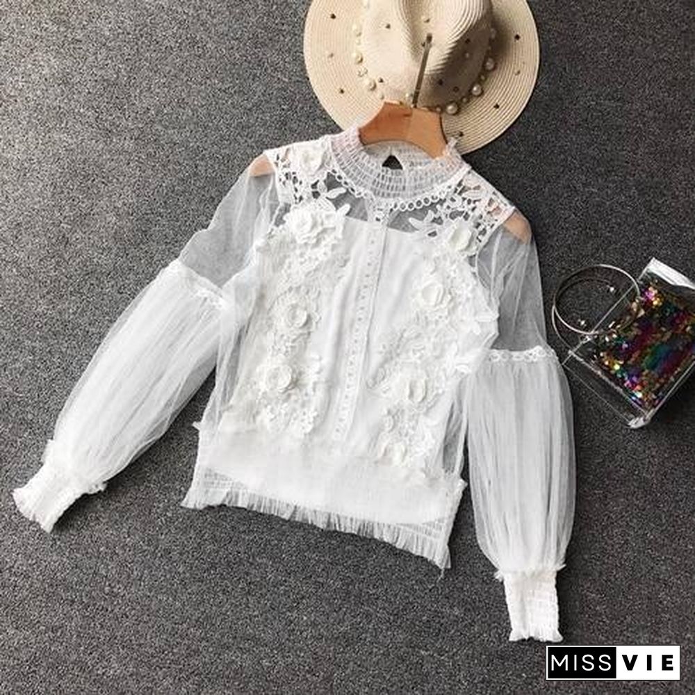 Spring Women Tops Fashion Sexy Sheer Lace Blouse Lantern Sleeve 3D Floral Blouses Shirts Elegant Top Blusas Femininas