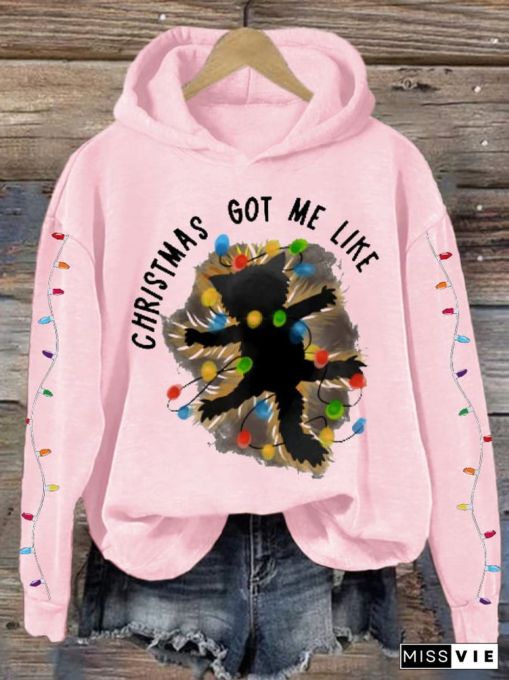 Women's Black Cat Christmas Got Me Like Print Hoodie