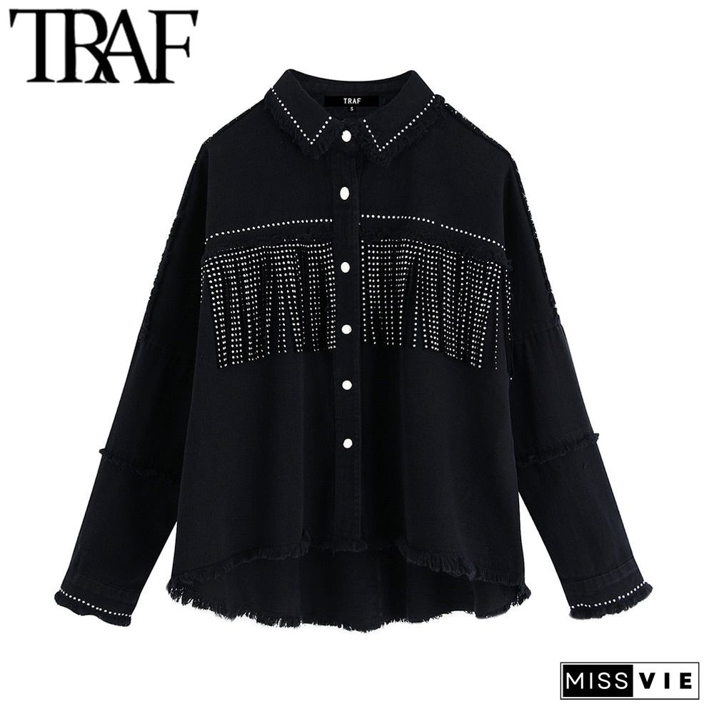 Women Stylish Tassel Beaded Oversized Denim Jacket Coat Vintage Fashion Long Sleeve Frayed Trim Outerwear Chic Loose Tops