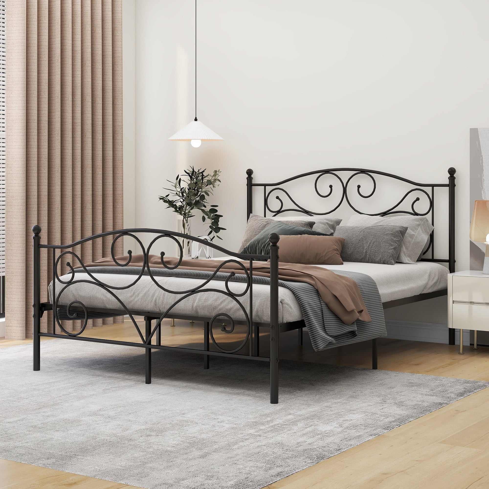 alazyhome Black Curlicue Metal Platform Bed Frame, Queen