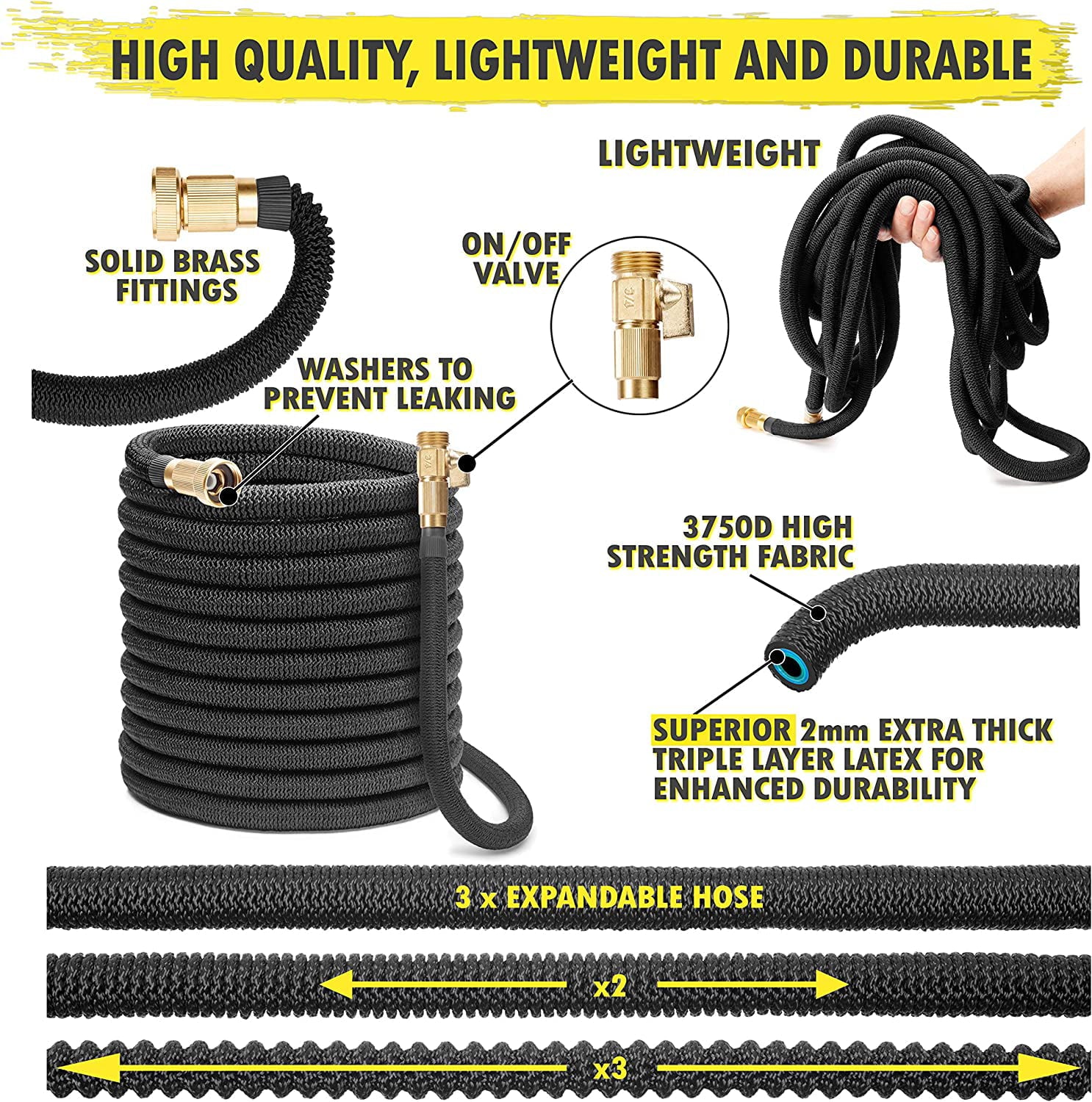 100 FT Garden Expandable Hose with 10-Function Spray Nozzle Potable Car Wash Tool Extra Strength Fabric Cover w. 3/4” Heavy Duty Brass Valve with Grow Bag