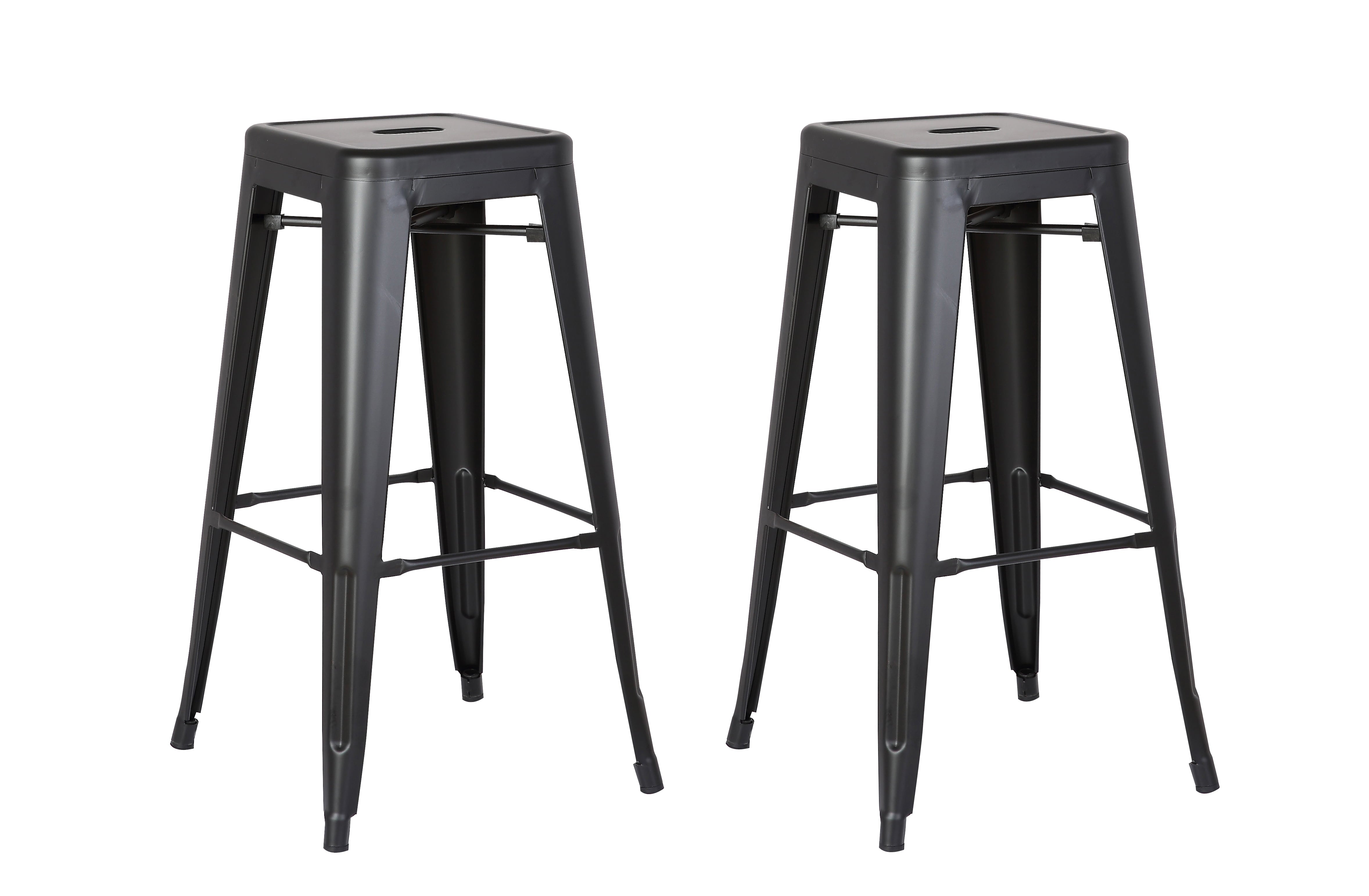 AC Pacific Modern Backless Light Weight Industrial Metal Barstool 4 Leg Design， 24 Seat Bar Stools (Set of 2)， Matte Black Finish