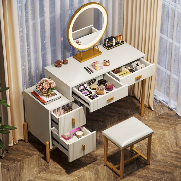 White Gold Vanity Desk with Lights and Mirror， Makup Vanity with Chair and Storage Cabinet - - 37839004