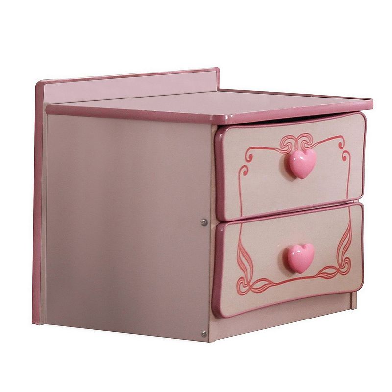 2 Drawer Wooden Nightstand with Heart Knob Pulls， Pink