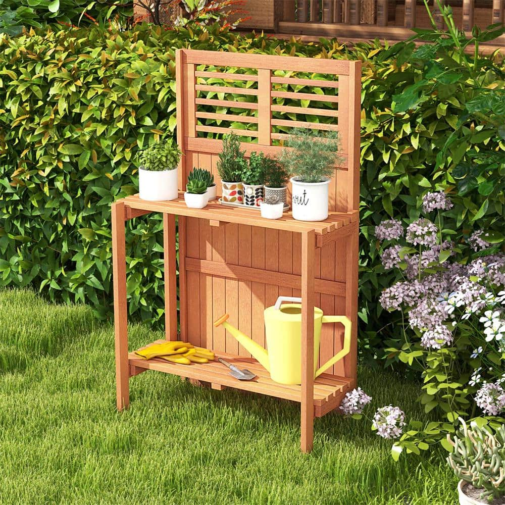 Costway 26.5 in. W x 44 in. H Natural Wood Potting Bench Waterproof Garden Table with 2-Tier Open Storage Shelf HCST00790