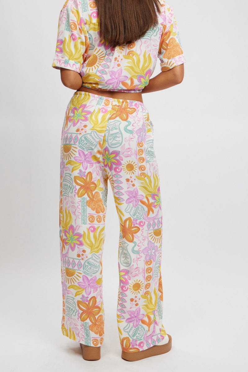 Multi Abstract Wide Leg Pants High Rise
