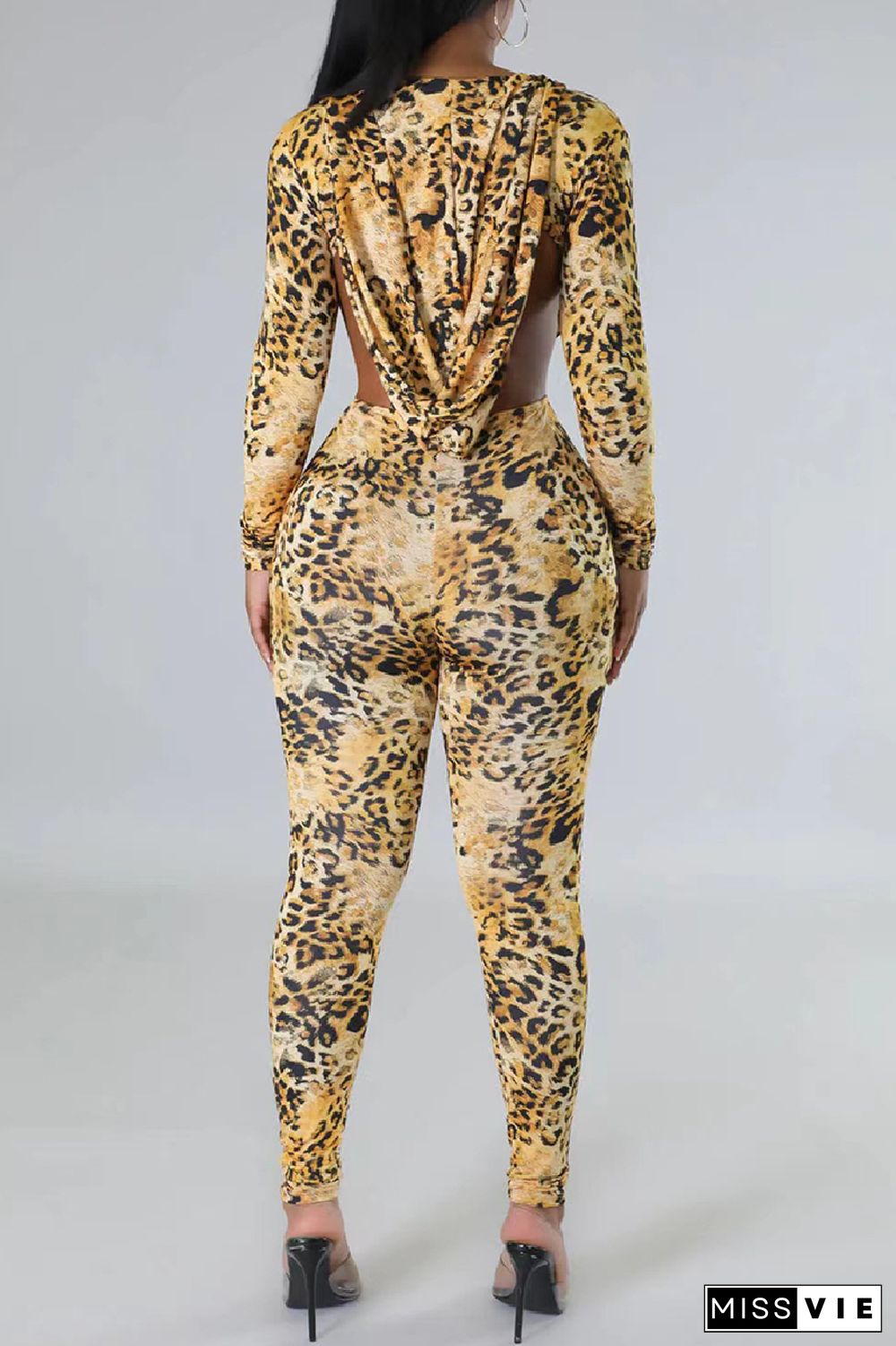 Casual Print Leopard Backless Hooded Collar Skinny Jumpsuits