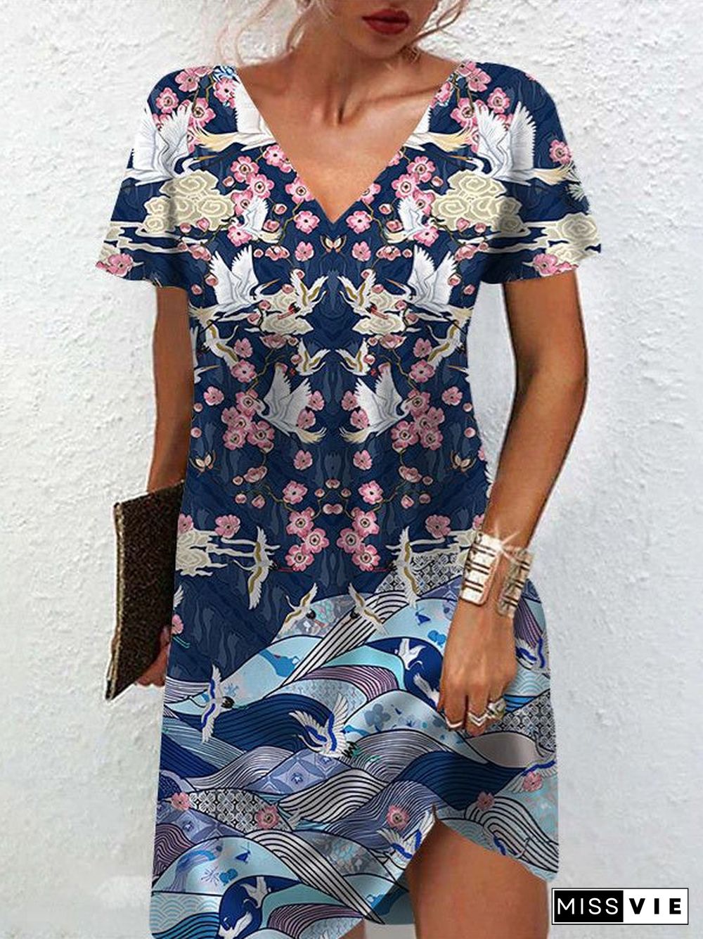 Women's Summer Short Sleeve V Neck Floral Print Casual Dress