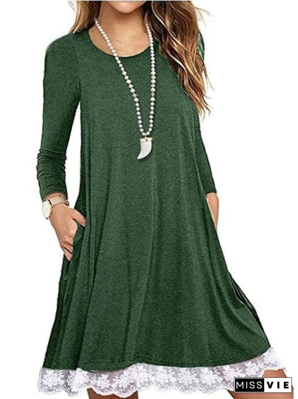 Women Scoop Neck Long Sleeve Solid Color Dress