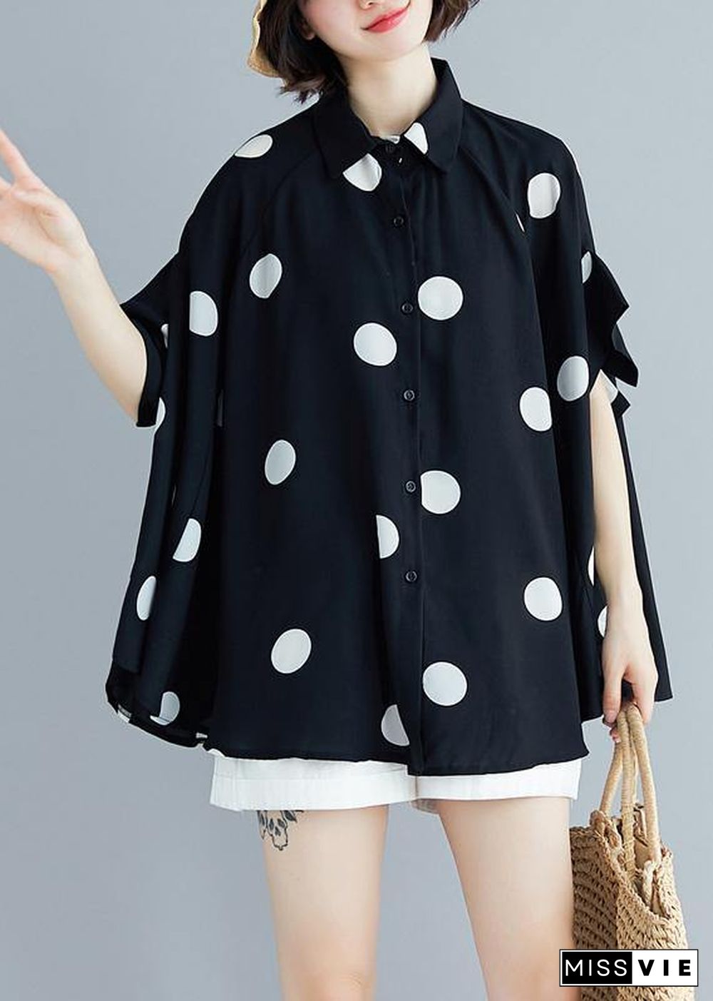 Italian black dotted chiffon tops quality Sewing lapel Art Summer shirt