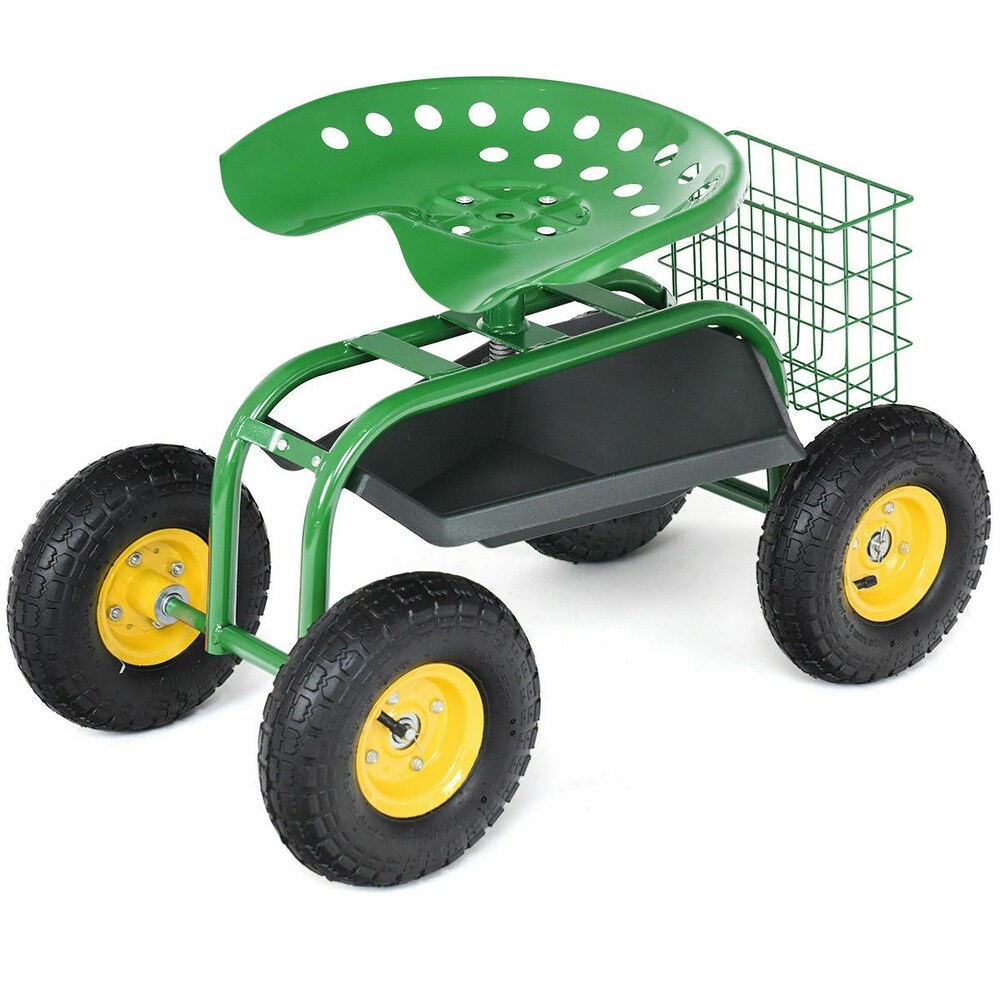 Garden Cart with Rolling Seat   Tool Tray for Lawn Care Gardening