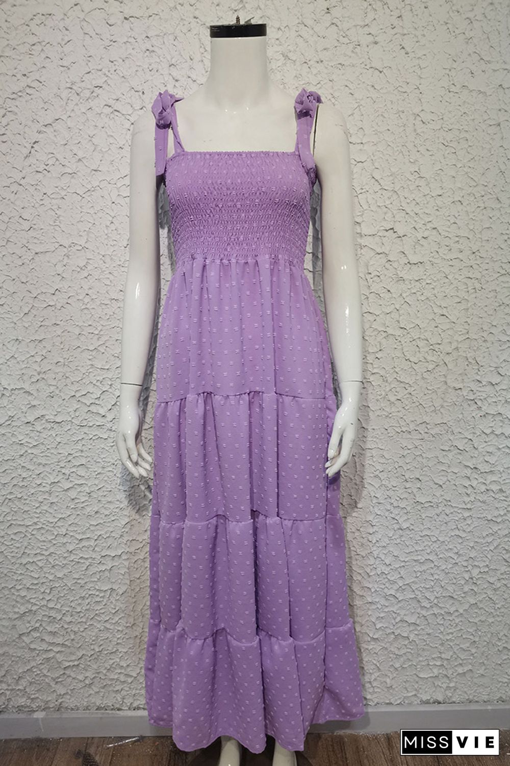 Plain Swiss Dot Smocked Tie Strap Maxi Dress