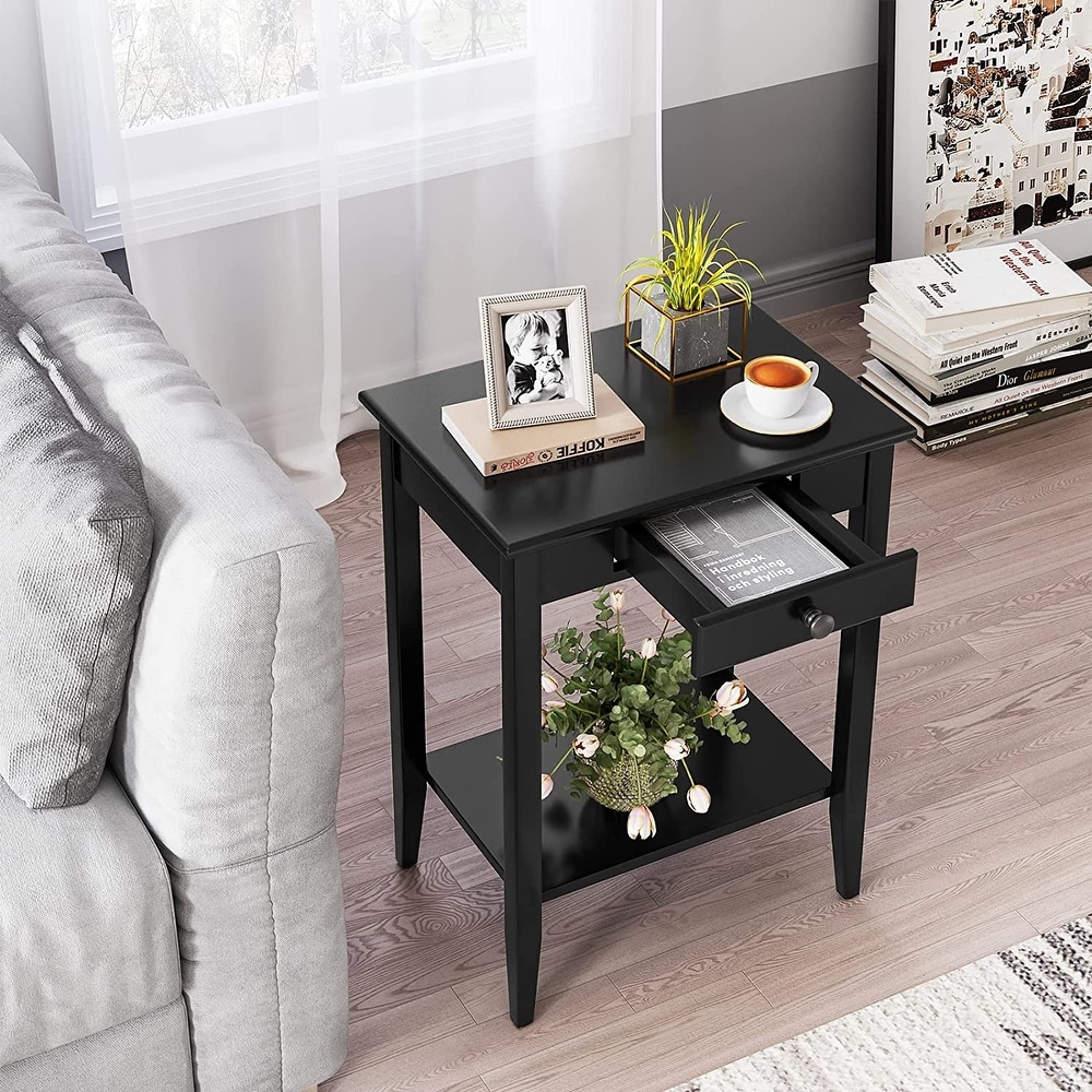 Table with Drawer Black End Table Narrow Bedside Tables with 2 Tier Storage Shelves Versatile Night Stand