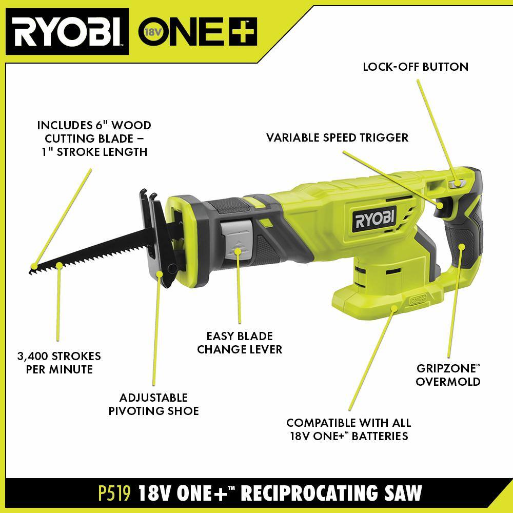 RYOBI ONE+ 18V Cordless Reciprocating Saw with 2.0 Ah Battery and Charger P519-PSK005