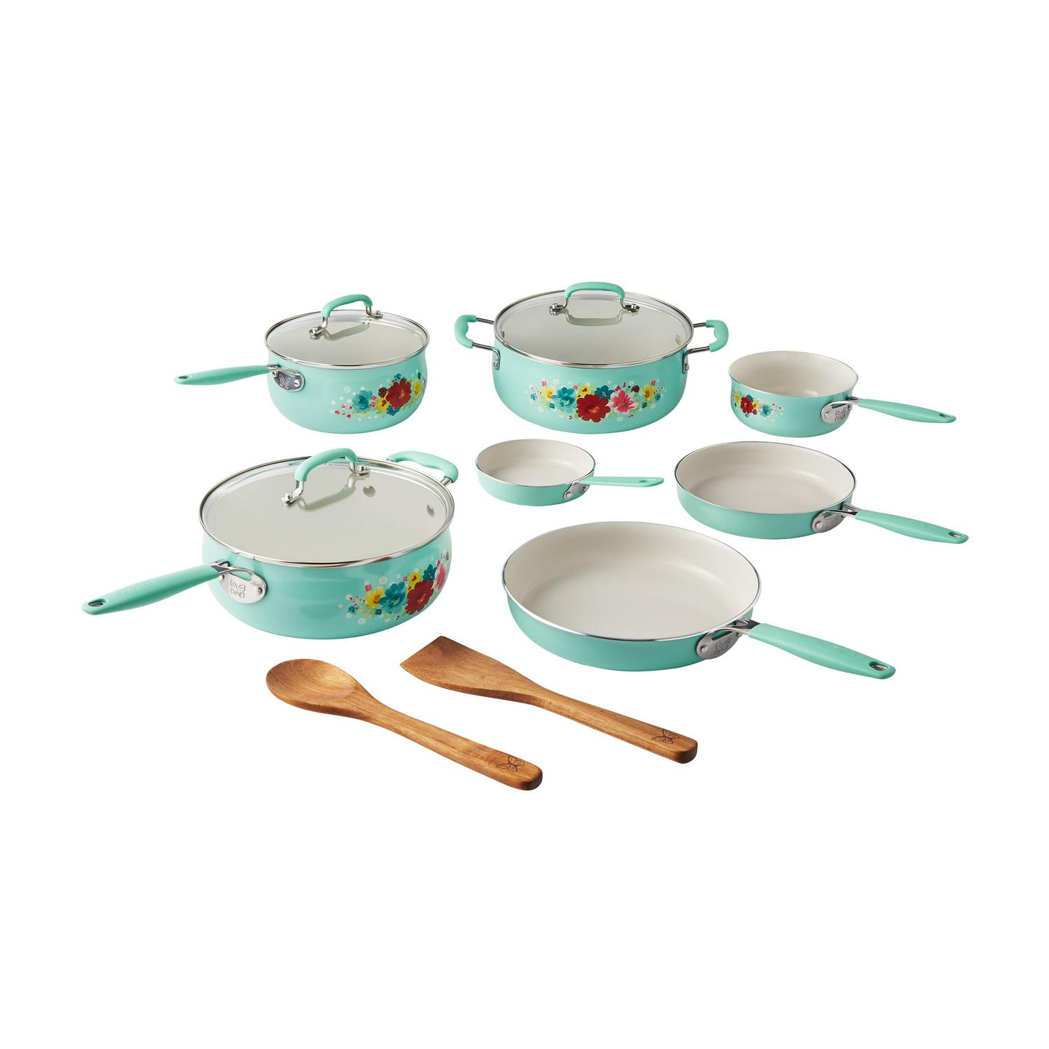 The Pioneer Woman Classic Ceramic Breezy Blossom Cookware Set， 12 Piece Set