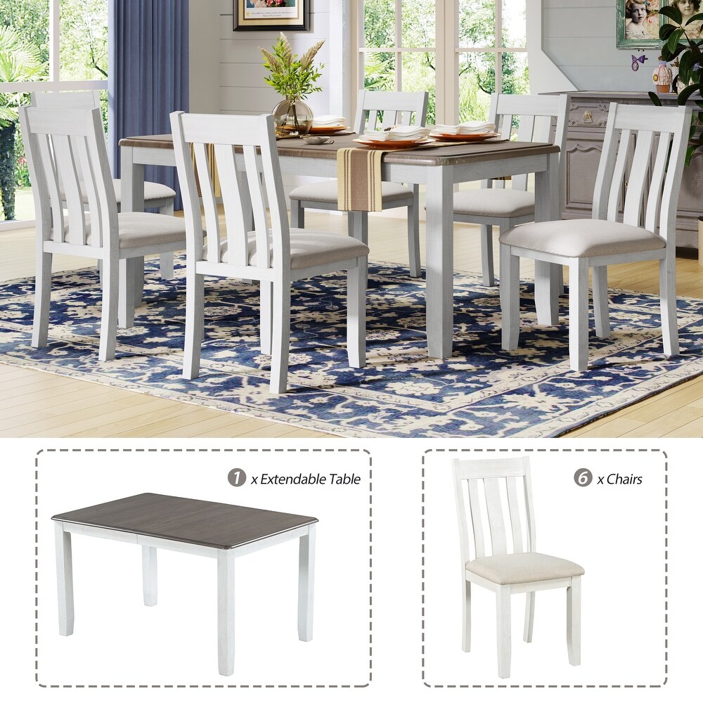 7 Piece Dining Set with Rectangular Extendable Dining Table and Slat Back Upholstered Dining Chairs for Dining Room