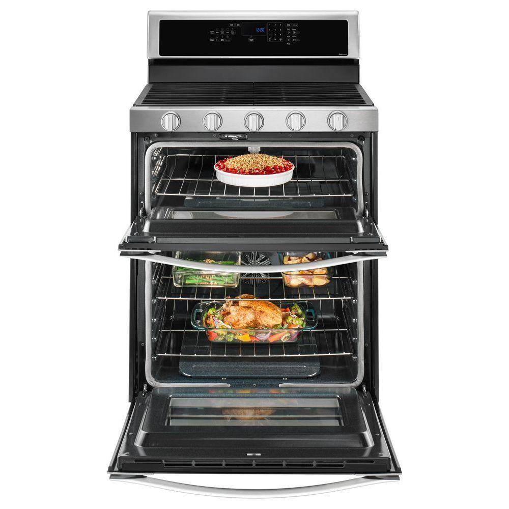 Whirlpool 6.0 cu. ft. Double Oven Gas Range with Center Oval Burner in Stainless Steel WGG745S0FS