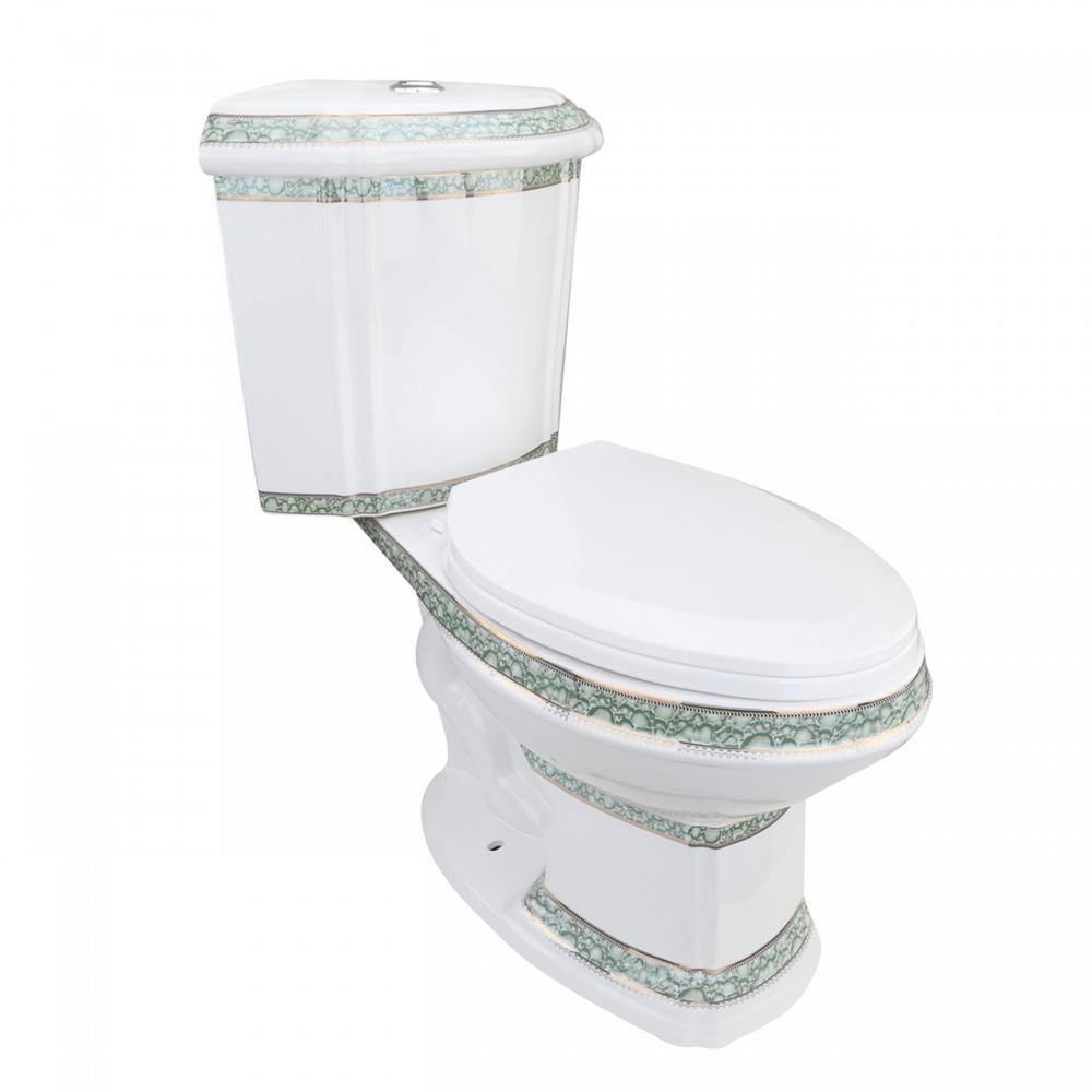 RENOVATORS SUPPLY MANUFACTURING Corner Elongated 2-Piece Dual Flush Bathroom Toilet India Reserve Design Green Gold Painted Manufacturing 30688