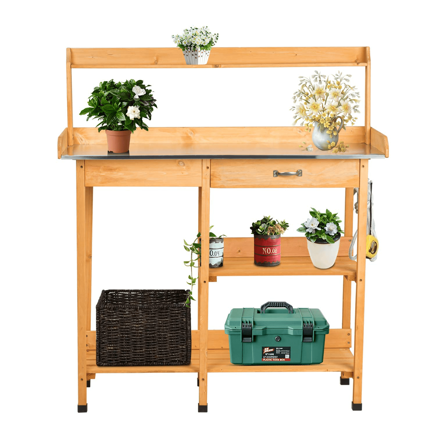 KINSUITE Outdoor Garden Potting Bench Metal Galvanization Tabletop Drawer Rack Shelves Work Station