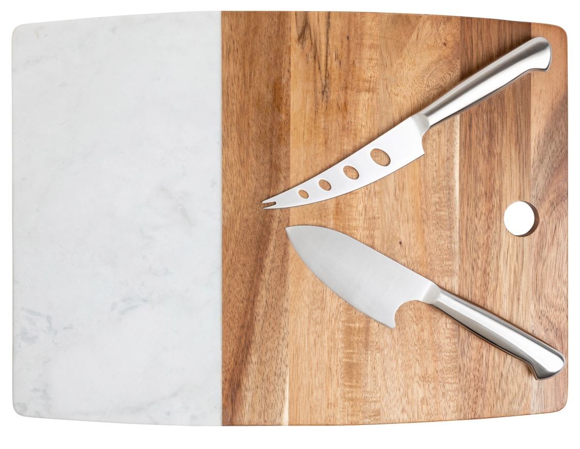 Core Kitchen Marble and Acacia Server Board Set with Cheese Knives， 3-piece Set