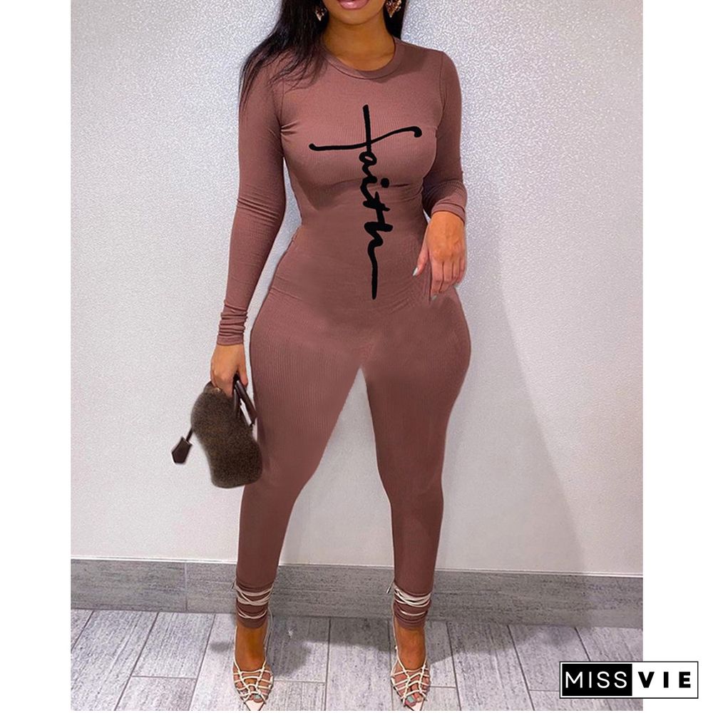 Long Sleeve Round Neck Printed Jumpsuit