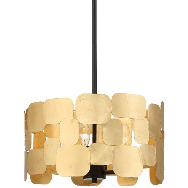 Wide Modern Gold Leaf Drum Shade 4 light Fixture For Dining Room House Foyer Kitchen Island