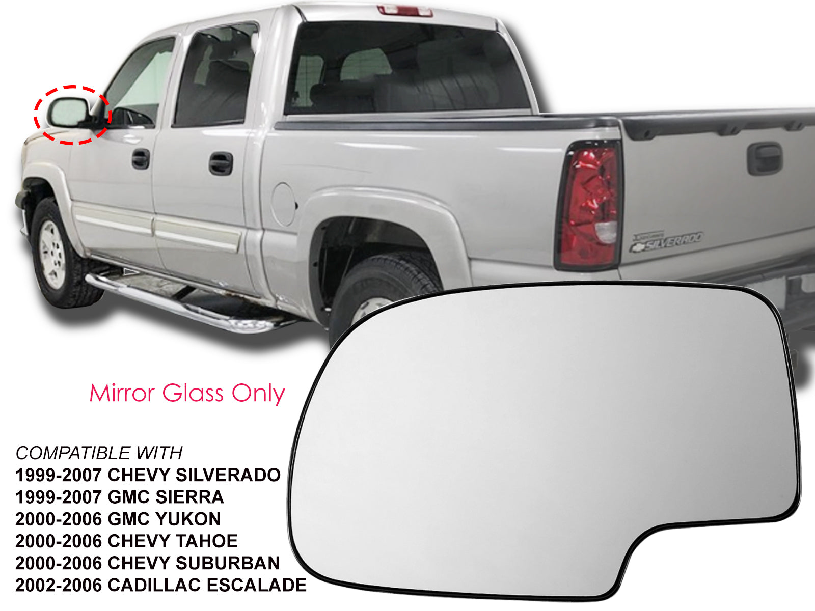 APA Replacement Mirror Glass Non-Heated with Base for 2000 - 2006 TAHOE YUKON SUBURBAN ESCALADE AVALANCHE Driver Left Side 12477843 GM1324105