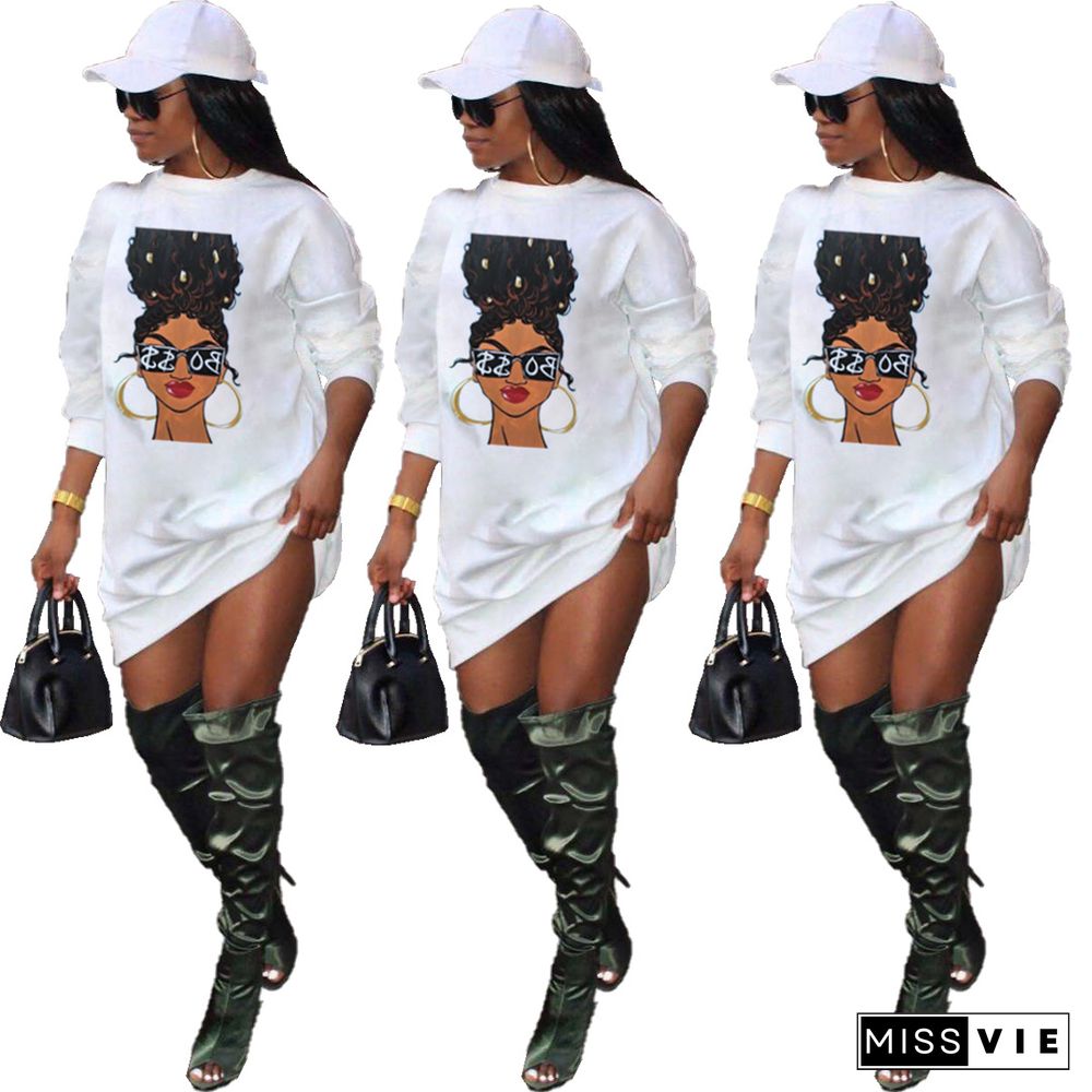 Women Fashion Long Sleeve O-Neck Casual Aesthetic Print Loose Sweatshirt T Shirt Midi Dresses