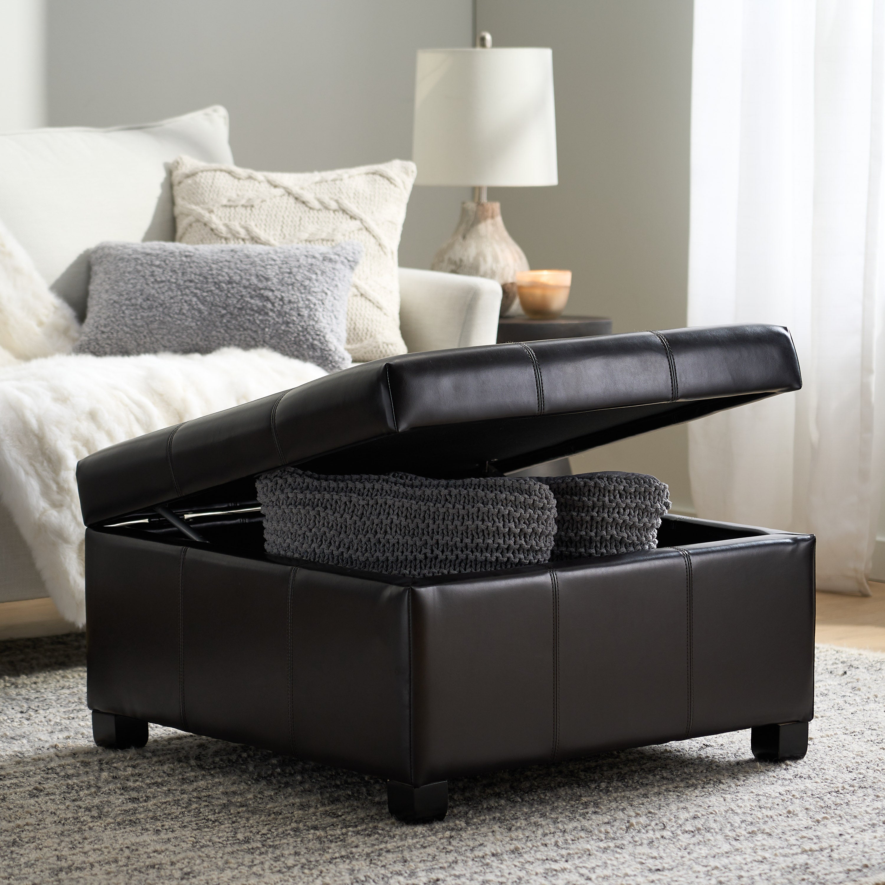 Boston Espresso Brown Tufted Leather Storage Ottoman Coffee Table