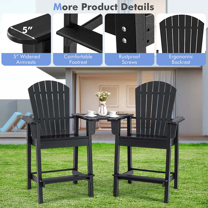 Set of 2 Tall Adirondack Chair, HDPE Adirondack Barstools with Middle Connecting Tray & Umbrella Hole