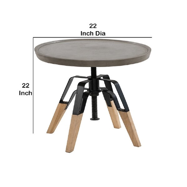 Round End Table with Concrete Top and Adjustable Height， Gray and Brown