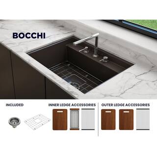 BOCCHI Baveno Uno Matte Brown Fireclay 27 in. Single Bowl UndermountDrop-In 3-hole Kitchen Sink wIntegrated WS and Acc. 1633-025-0127